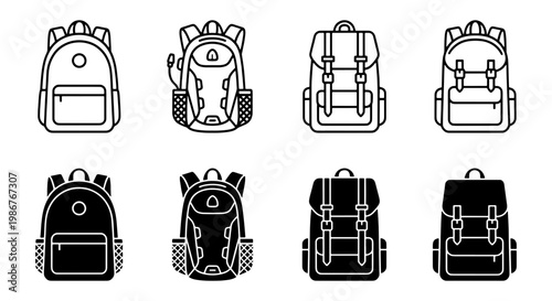 Minimalist backpack icon set, 8 school bag vector elements, black and white rucksack line art, travel luggage and hiking pack collection