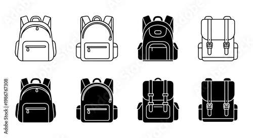 Backpack icon set with 8 vector elements, school bag line and glyph symbols, travel rucksack collection for education and hiking web design