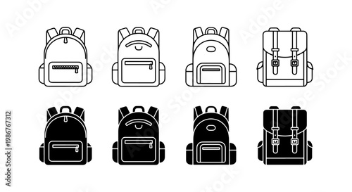 Minimalist backpack icon set, school bag vector collection with 8 elements, black and white rucksack line art and solid silhouettes for travel and education