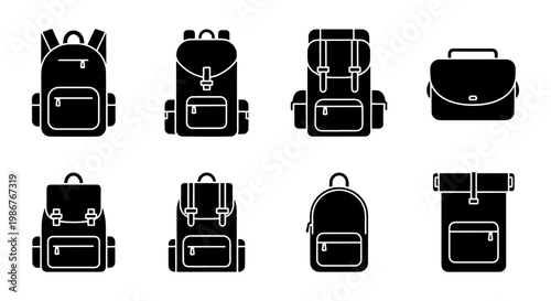 Black backpack icon set, flat vector collection of 8 school bags and travel rucksacks, minimalist luggage and satchel silhouettes for outdoor adventure