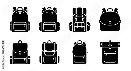 Minimalist backpack icon set, black silhouette travel bag collection, 8 vector school rucksack symbols for hiking and camping equipment