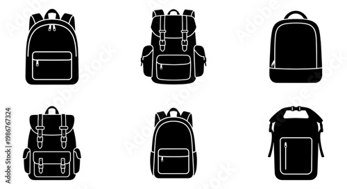 Minimalist backpack icon set, 6 black vector rucksack silhouettes, travel bag and school backpack collection for web design and navigation