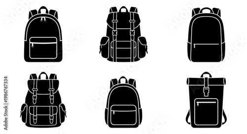 Backpack icon set with 6 vector silhouettes, black school bag and travel rucksack collection, outdoor hiking gear and urban knapsack illustrations