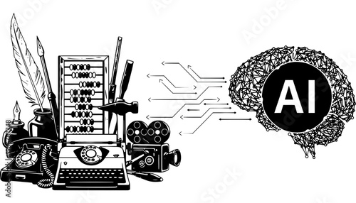 Artificial intelligence icon with vintage office equipment and brain illustration