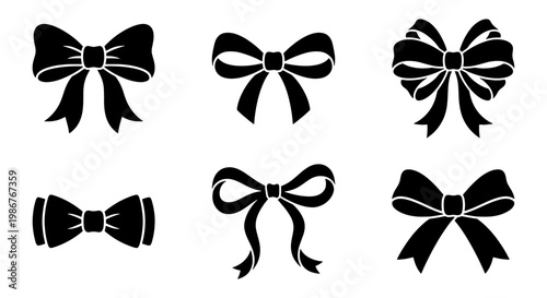Black ribbon bow silhouettes, set of 6 decorative gift bow vector icons, elegant satin bow tie illustrations for wedding and holiday packaging