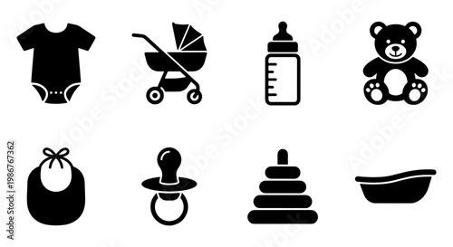 Minimalist baby icons set with 8 black vector elements, newborn care and nursery symbols, infant accessories for parenting and childcare apps