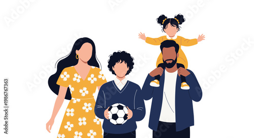 Happy multiethnic family of four standing together with a young boy holding a soccer ball and a girl sitting on her father's shoulders.