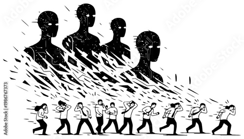 Robot silhouette illustration of people transforming into robotic figures