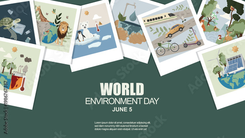 World Environment Day banner. Environment day banner featuring Polaroid photos illustrating environmental themes. Corporate sustainability and sustainable business. Vector illustration 