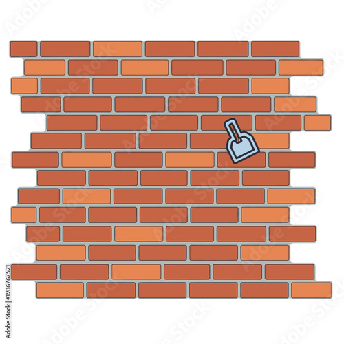 Bricklaying concept: trowel tool on unfinished brick wall, construction, renovation, DIY