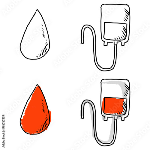 Set editable sketch drawing blood and blood bag vector for medical blogs. Ideal for symbolizing rough transfusion concepts, hand drawn charity donations, and care.