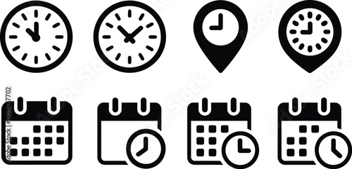 Photos Time address and date icon set, modern flat vector collection featuring clock map pin and calendar symbols for scheduling navigation and digital interface design