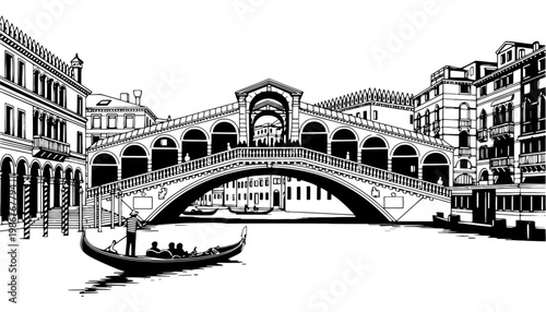 A black and white illustration of a gondola under Rialto Bridge