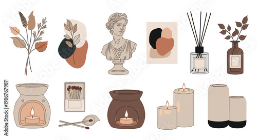 Elegant collection of home fragrance and decor items including candles, incense sticks, a plaster bust, and dried botanical leaves.