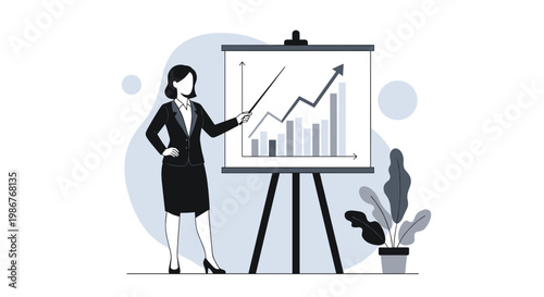Successful businesswoman giving a presentation by pointing to a line graph on an easel showing a positive upward trend.