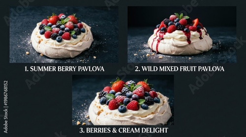 Delicious Summer Berry Pavlova Dessert with Fresh Fruit and Cream.