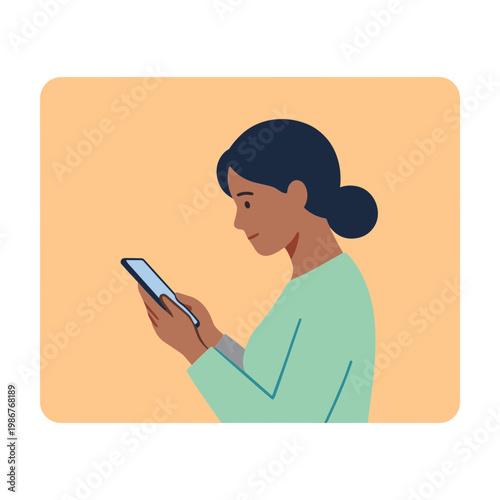 Woman uses smartphone in indoor setting with focused expression and casual clothing