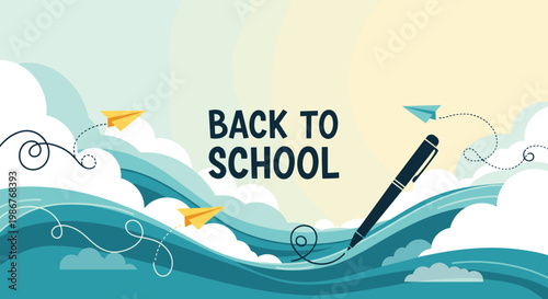 Back to school themed illustration with paper airplanes and a pen flying over stylized blue waves under a bright morning sun.