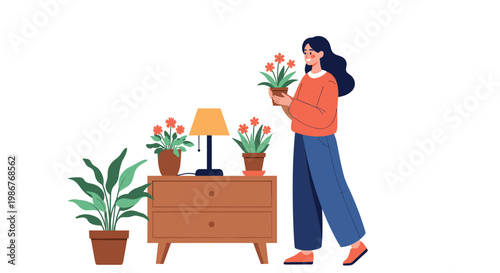 Young woman wearing a sweater holds a potted flower while standing near a dresser decorated with indoor plants and a lamp.