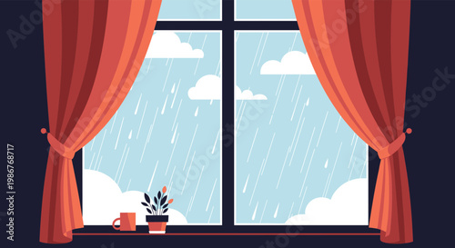 View from inside a room shows red curtains framing a window where raindrops fall against a backdrop of soft white clouds.