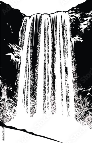 Waterfall Cascading Down Rocky Cliffside in Black and White