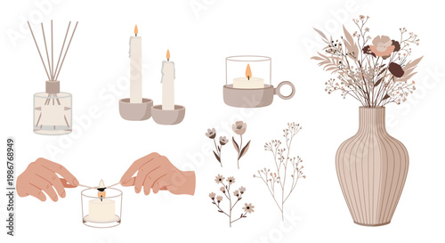 Collection of wellness and home decor items including an oil diffuser, lit candles, a flower vase, and hands lighting a wick.