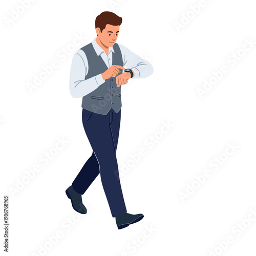 Businessman walking quickly checks his watch on wrist while wearing formal attire