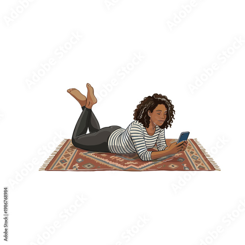 Woman lies on rug reading phone