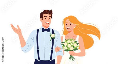 Happy bride and groom celebrate their wedding day while the groom gestures and the bride holds a bouquet of white flowers.