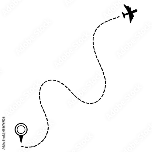Airplane flies along dotted path to destination marked