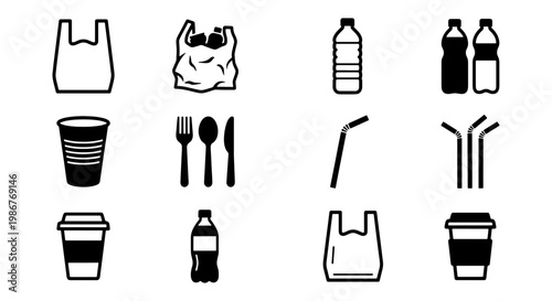 Single use plastic icons set, black and white disposable waste vector elements, plastic pollution symbols for environmental awareness and recycling