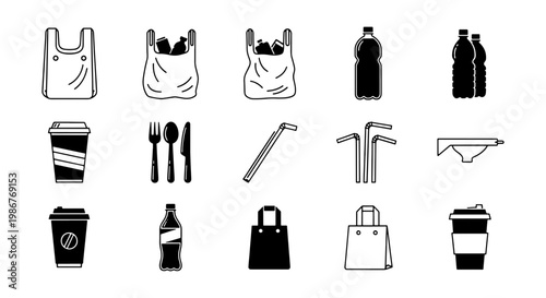 Single use plastic icons set, 15 black and white vector elements, disposable waste symbols for environmental pollution and recycling awareness