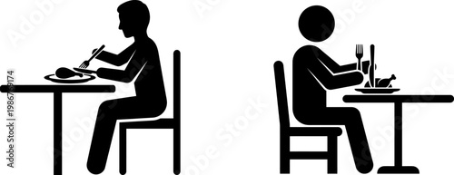 Black silhouette icons showing two people sitting at separate tables and eating their dinner food