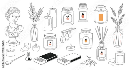 Black and white line drawing collection of scented candles, incense sticks, matches, and a classical bust for home fragrance.