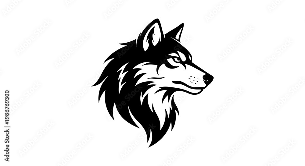 Obraz premium Wolf head mascot vector illustration, black and white timber wolf profile, aggressive predator canine logo for sports team or gaming