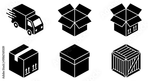 Isometric logistics icons set, black delivery truck and cardboard box symbols, 6 shipping and packaging vector elements for e-commerce
