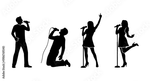 Singer silhouette vector set, male and female vocalists performing with microphones, black music artist silhouettes on white background