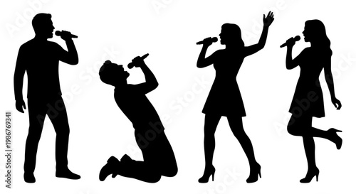 Singer silhouettes set with male and female vocalists, people singing into microphones vector, performers on stage in black and white