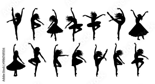 Graceful ballet dancer silhouettes set, 14 black ballerina vector elements, elegant female dancing figures in motion, contemporary dance poses