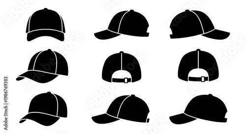 Baseball cap silhouette icons set, black headwear vector collection in multiple angles, 9 sports hat templates for branding and apparel design