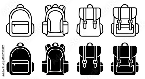 Backpack icon set with 8 vector elements, school bag line and silhouette symbols, travel rucksack and hiking pack illustrations for web design