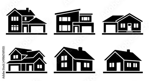 Modern house icons set, black residential building silhouettes with 6 elements, suburban family home vector illustrations for real estate and architecture