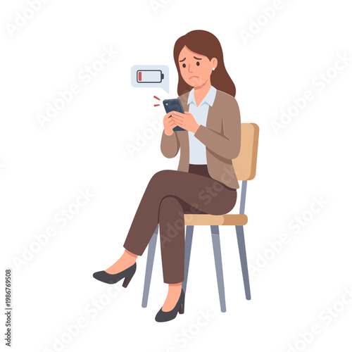 Woman sits on chair looking worried at low battery phone