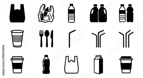 Single-use plastic waste icons, 15 black silhouette environmental pollution symbols, disposable packaging and plastic bottle vector set