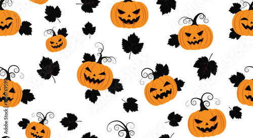 Dark and festive Halloween pattern showing orange carved pumpkins with different expressions and black leaves on a white surface.