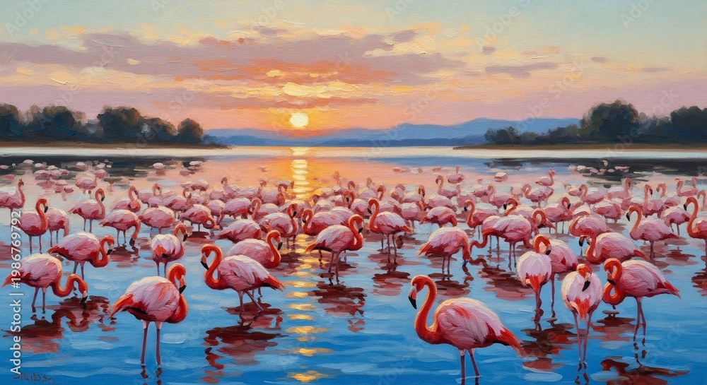 Fototapeta premium Flamingos at sunset