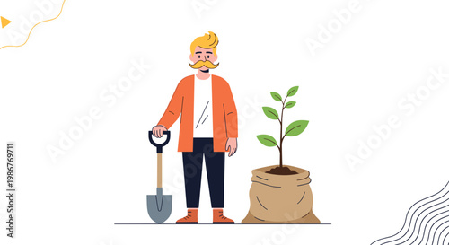 Young man with a stylish mustache stands next to a large plant in a burlap sack while holding a garden shovel for planting.