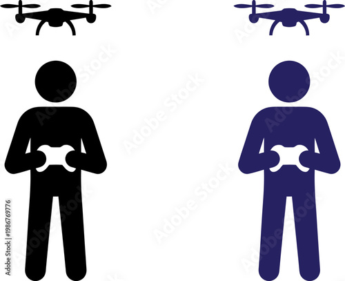A minimalist graphic design featuring two people operating drones with handheld remote controllers