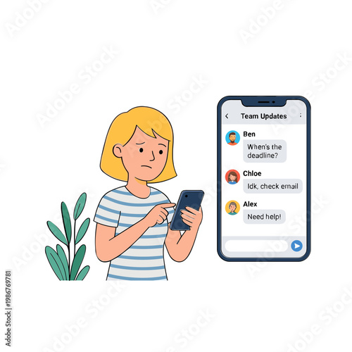 A woman checks her phone with concern, standing next to a plant, looking at a team updates screen.