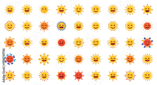 Grid of many different sun icons with happy smiling faces and various ray designs to represent sunny weather and joy.